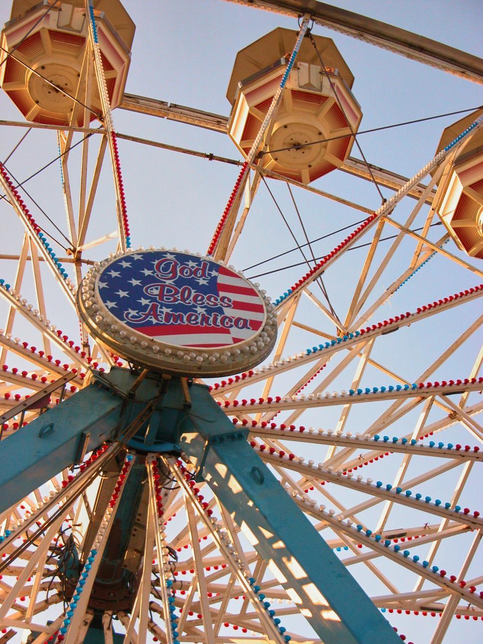 Free Image of Giant Ferris wheel with God Bless America sign. 