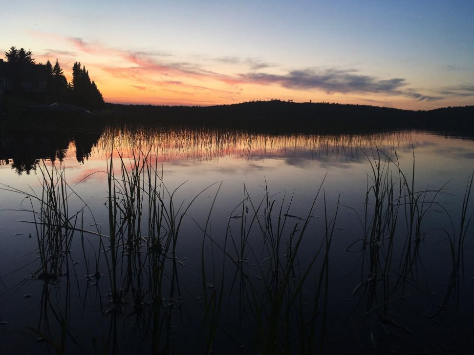 Free Image of Sunset over serene lake with reeds and distant hills 