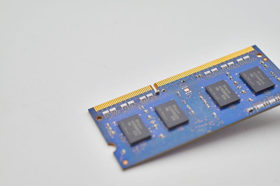 Free Image of Detailed view of a blue computer memory RAM module 