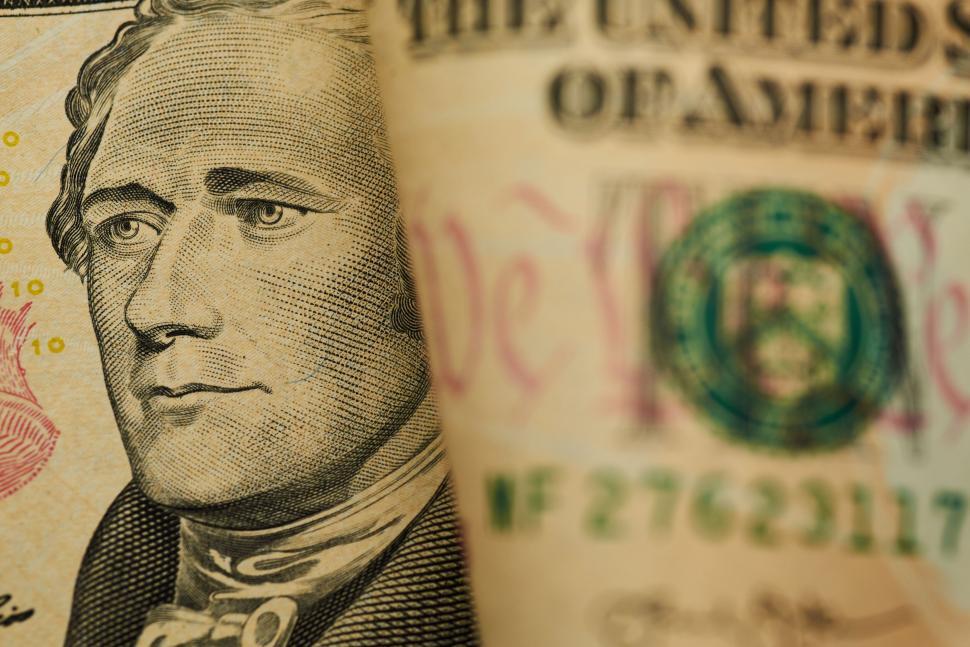 Free Image of Detailed close-up of Alexander Hamilton on ten-dollar bill 