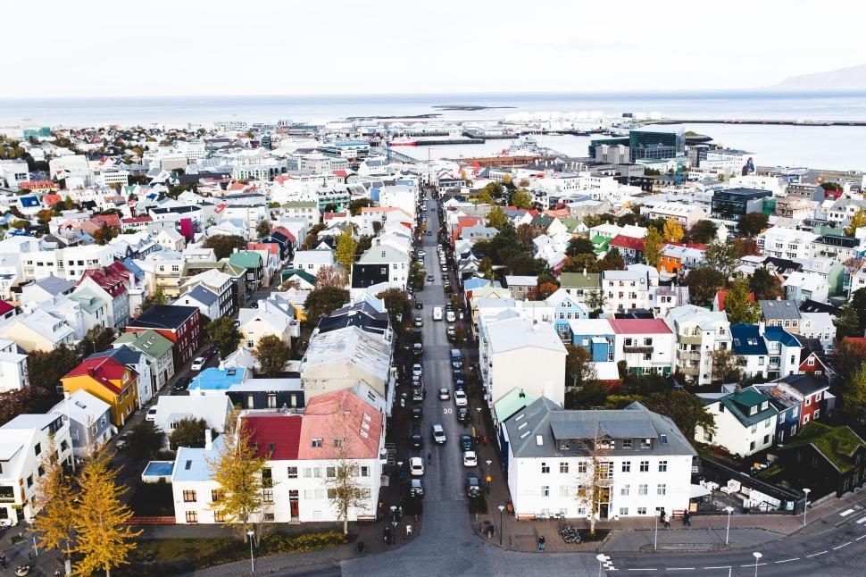 Free Image of Aerial view of a colorful coastal city landscape. 