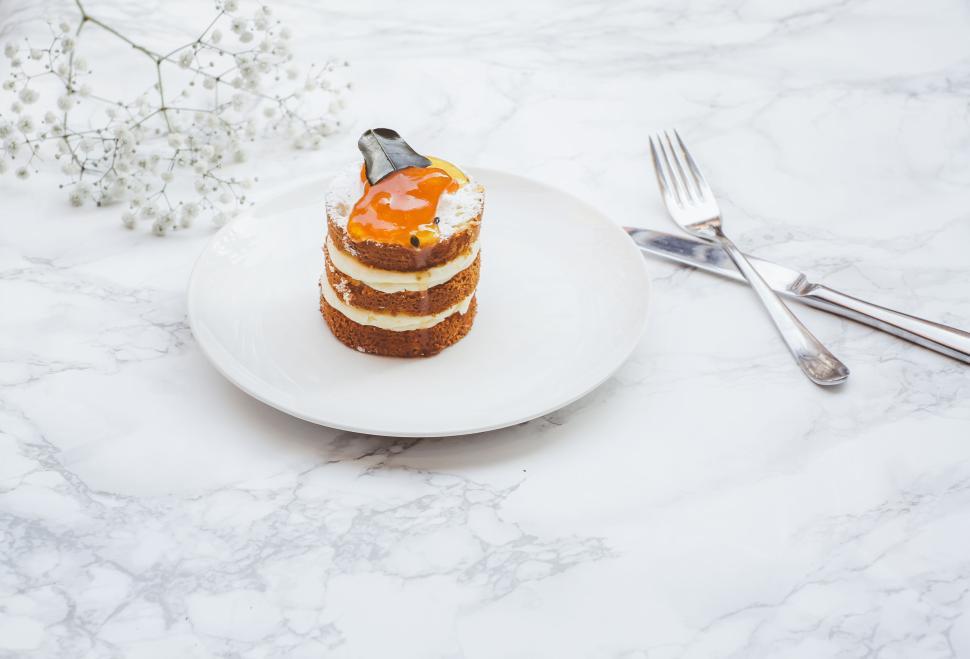 Free Image of Delicious layered dessert with apricot on white plate 