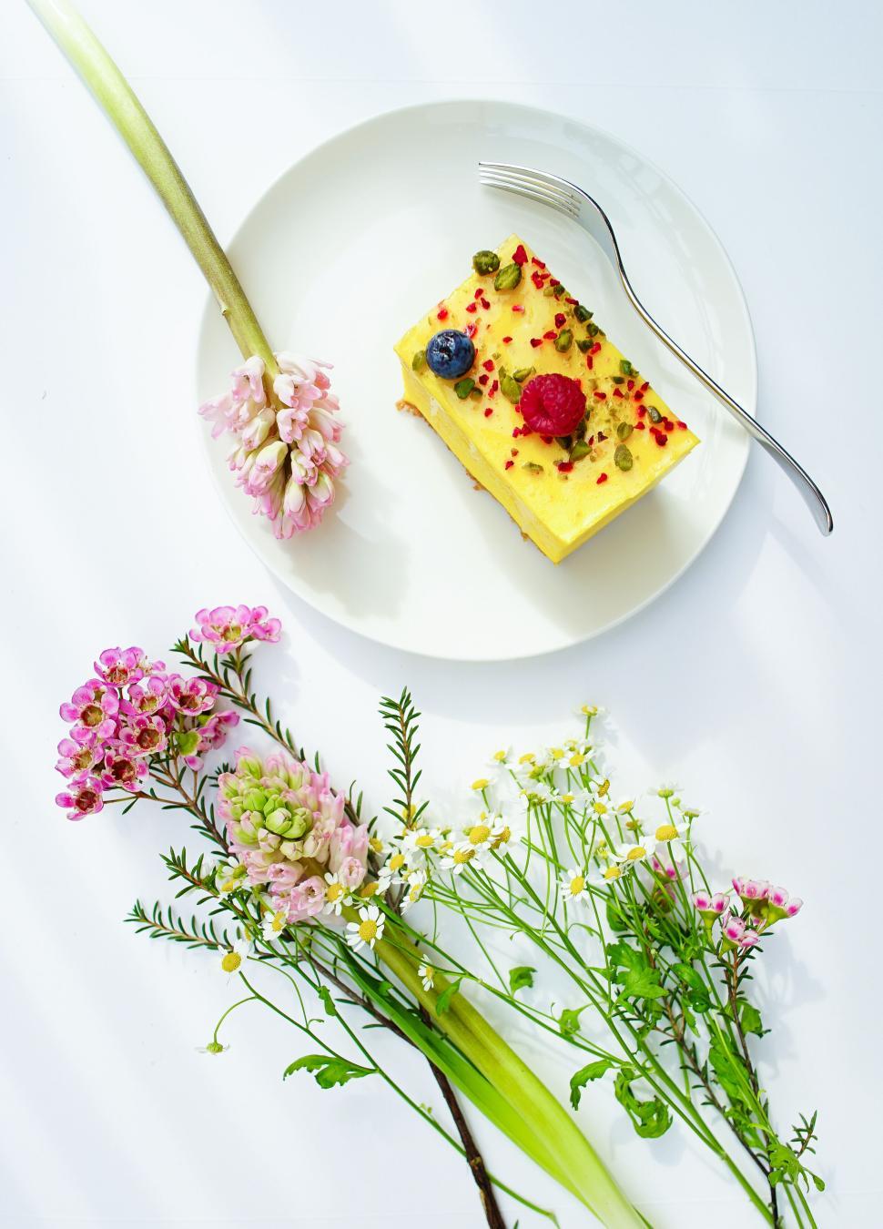 Free Image of Delicious piece of cake on white plate with flowers 