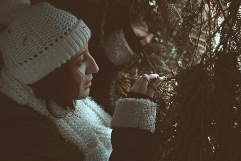 Free Image of Person in winter wear decorating a tree branch 