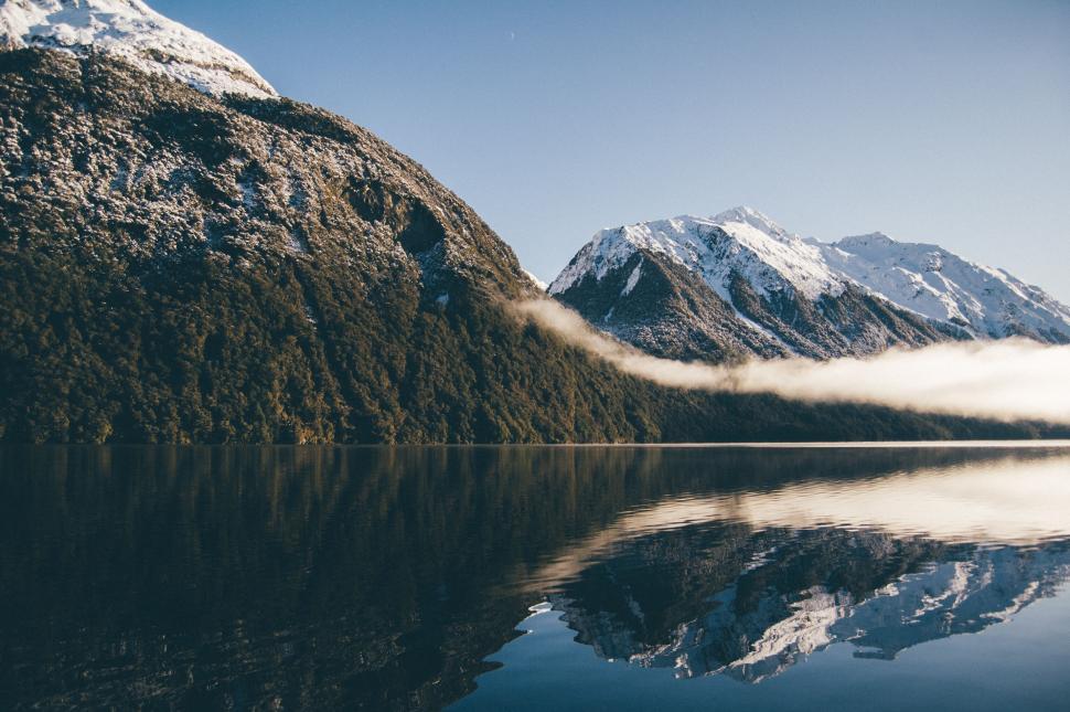 Free Image of Snow-capped mountains reflecting in calm lake 