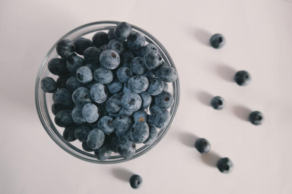 Free Image of Fresh blueberries in a glass bowl against a white background 