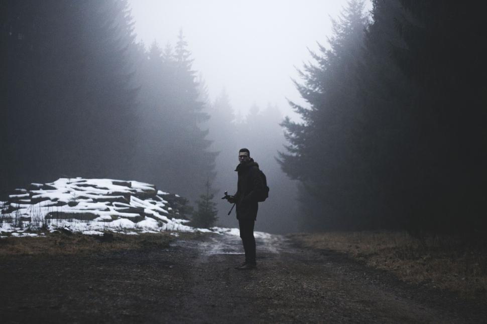 Free Image of Person standing on misty forest road with backpack. 