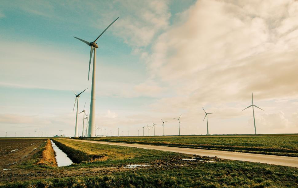 Free Image of Wind turbines on green fields with a cloudy sky backdrop 