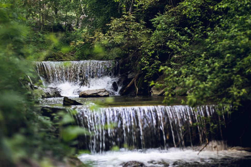Free Image of Lush Green Forest Waterfall in Nature, Flowing Over Rocks 