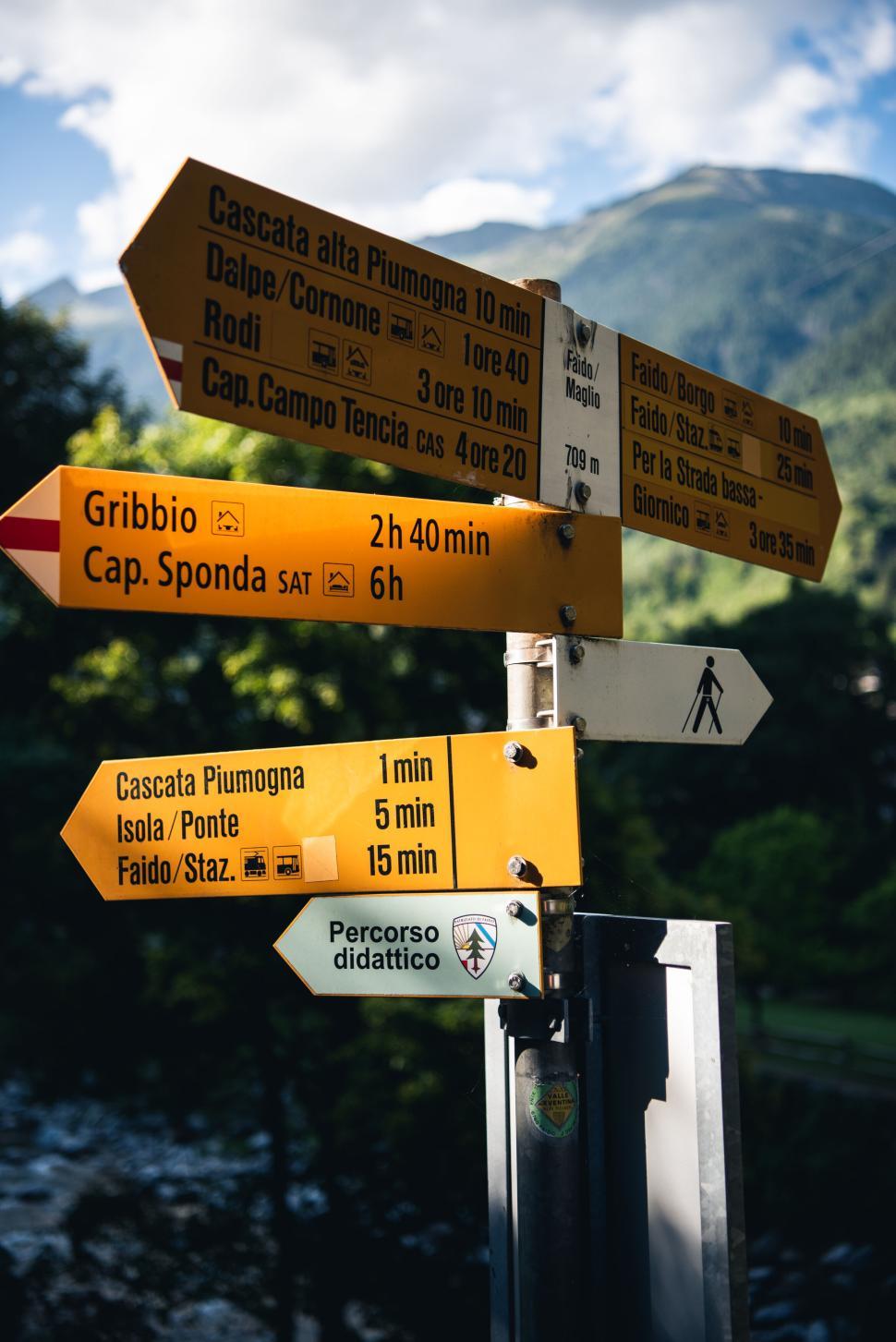 Free Image of Mountain Hiking Trail Signpost with Destinations Labeled 