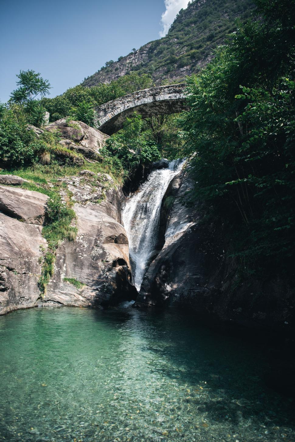 Free Image of Waterfall and ancient bridge in a lush, green valley 