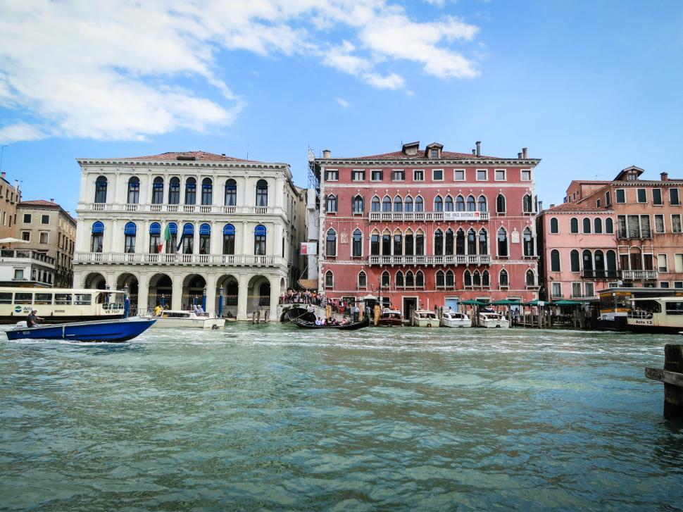 Free Image of Venetian buildings along the canal with boat view 