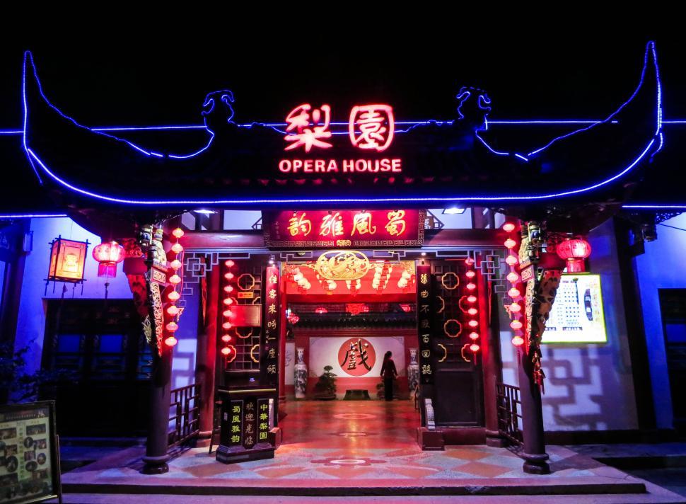 Free Image of Illuminated Opera House Entrance with Neon Lights at Night 