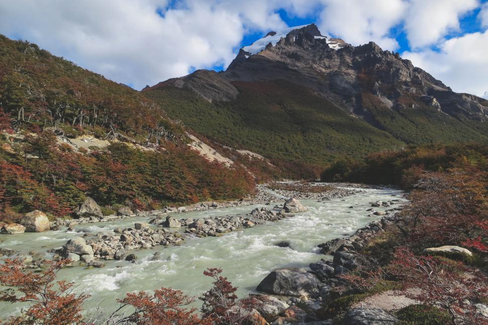 Free Image of Mountain landscape with river and forest scene image. 