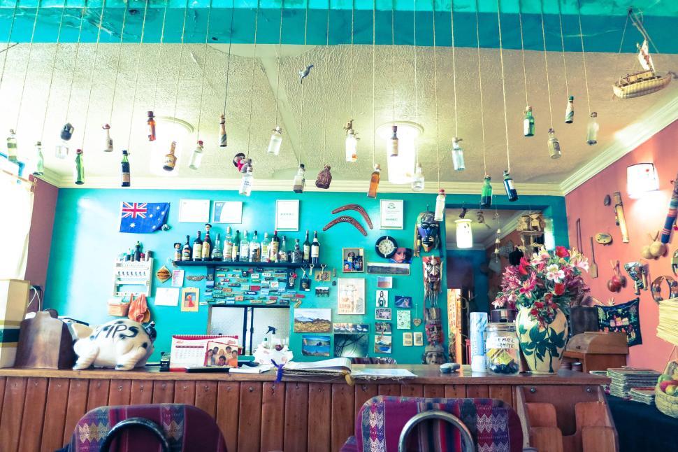 Free Image of Quirky, colorful interior of a small, eclectic caf?. 