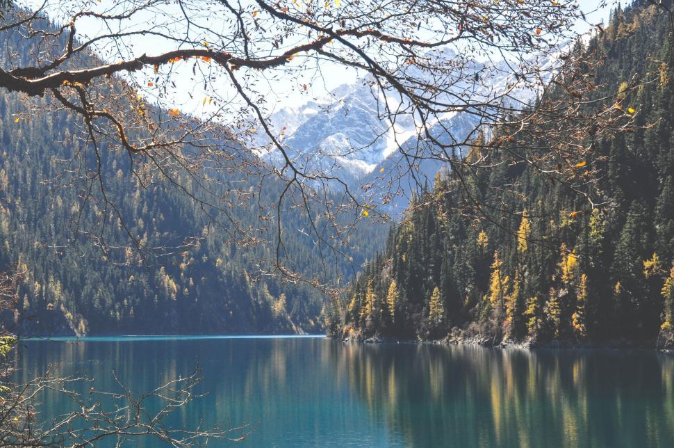 Free Image of Snow-capped mountains and calm lake on a clear autumn day 