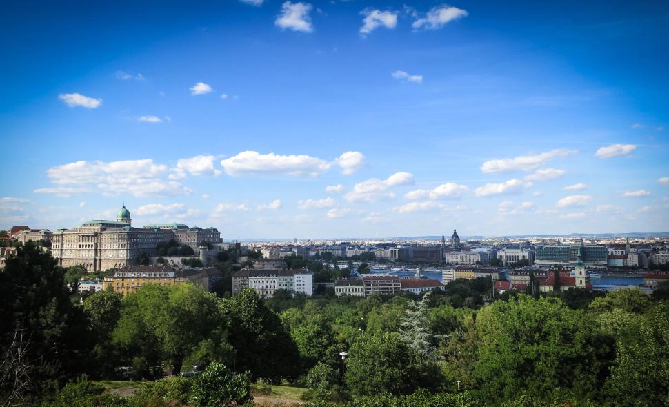 Free Image of Panoramic view of city skyline with lush greenery 