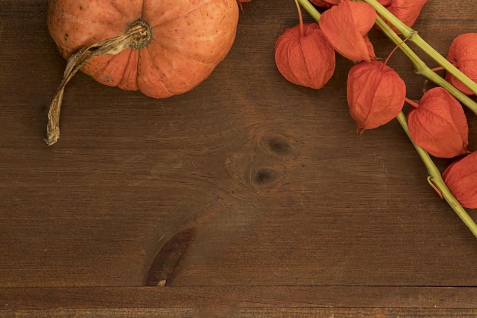 Free Image of Autumn pumpkin and Chinese lanterns on wooden table. 