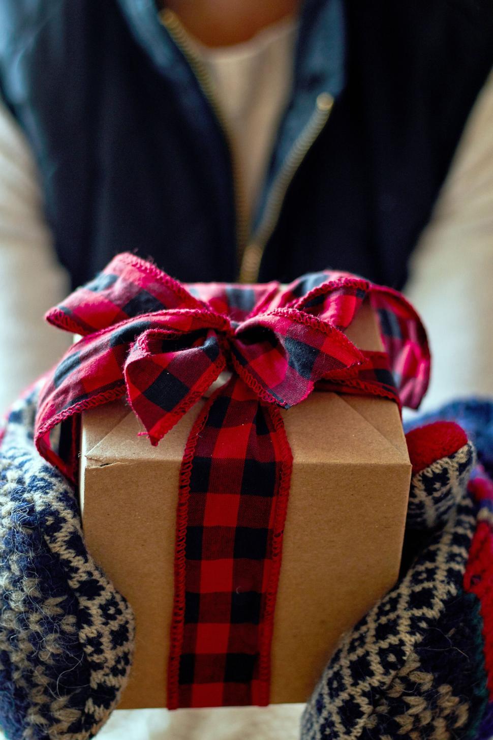 Free Image of Gloved hands offer gift with red plaid ribbon in winter. 