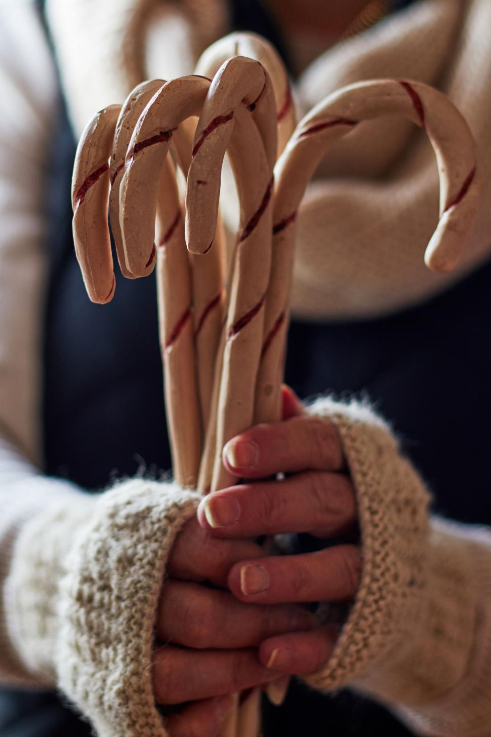 Free Image of Person holding candy canes with warm mittens on hands. 