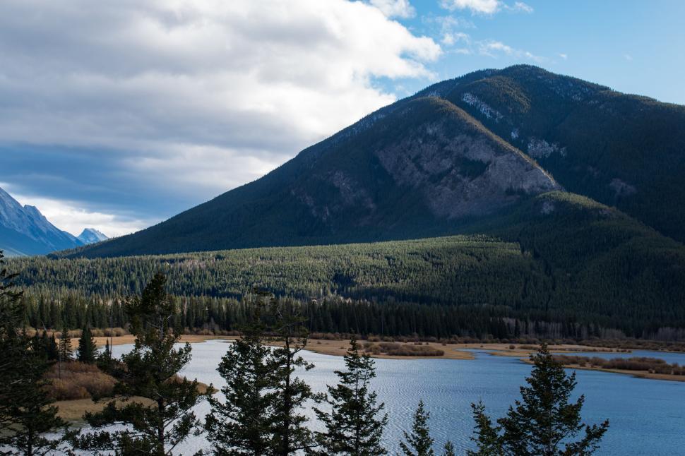 Free Image of Mountain landscape with lake and green forest. 