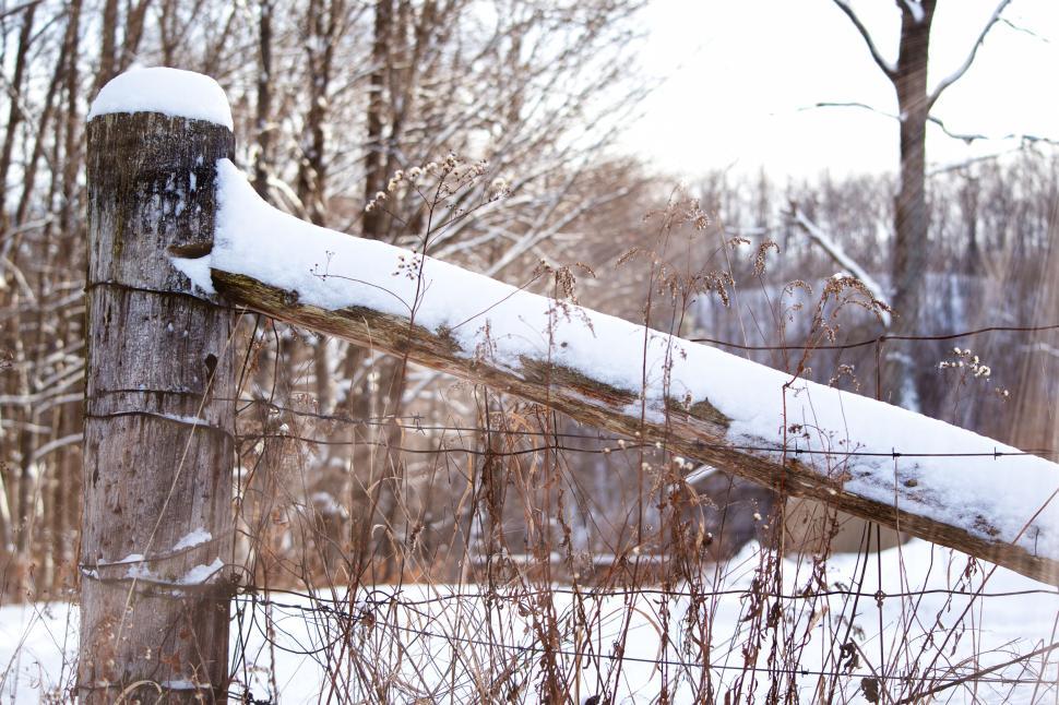 Free Image of Rustic wooden fence covered with snow in winter landscape. 