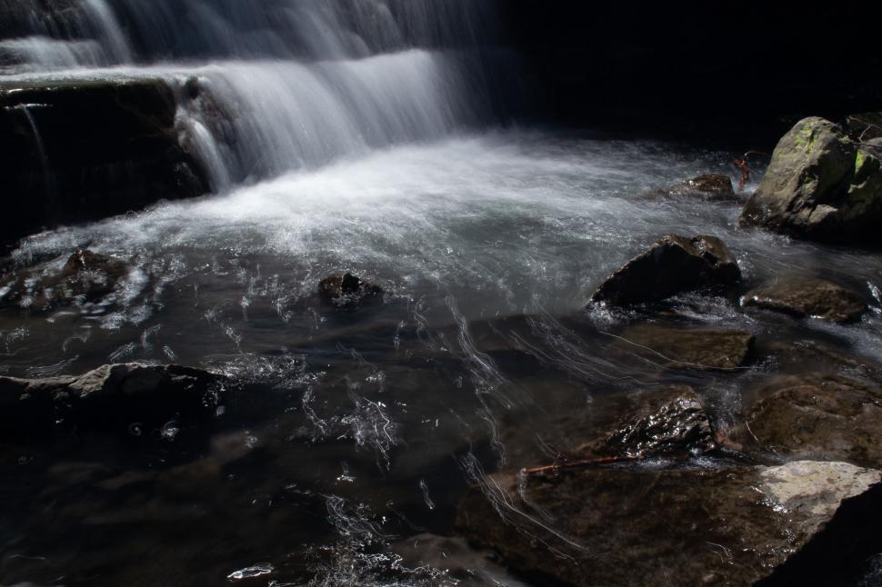 Free Image of Gentle waterfall cascading into a serene rocky pool 