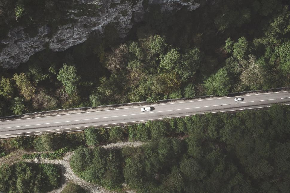 Free Image of Aerial view of cars on a road through forest 