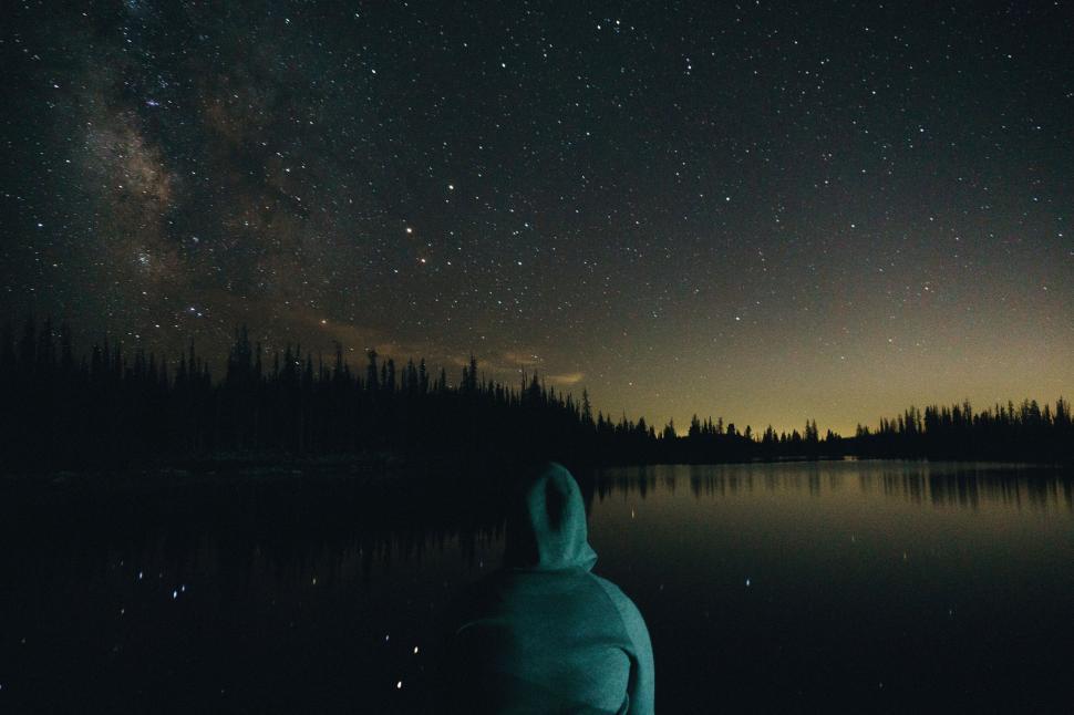 Free Image of Person stargazing by lake under clear starry night sky 