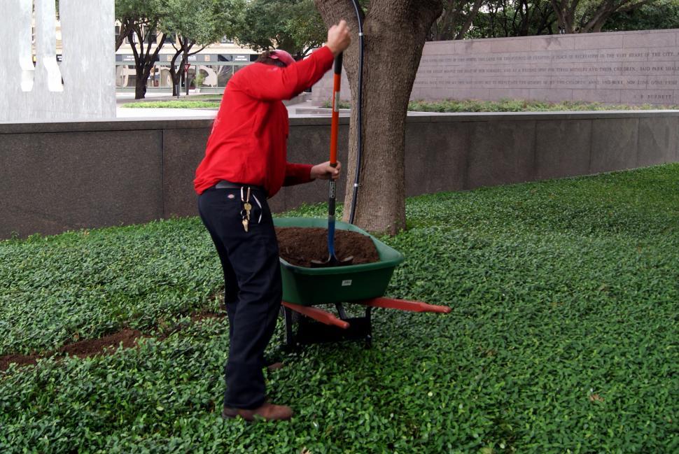 Free Image of  man working in a garden with wheelbarrow  