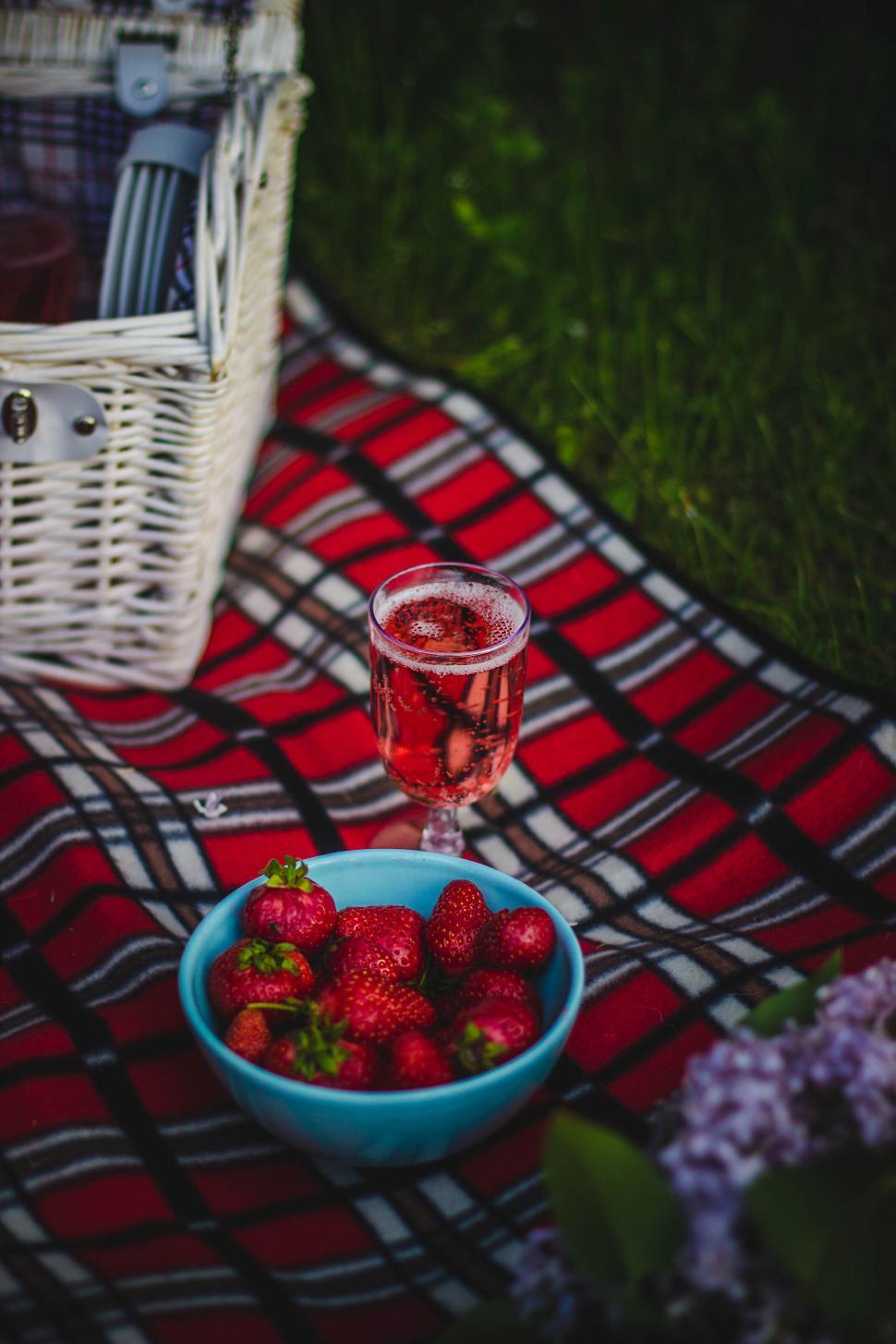 Free Image of Picnic setup with drink on red plaid blanket outdoors 