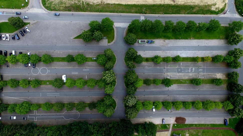 Free Image of Aerial view of symmetrical tree-lined urban parking area. 