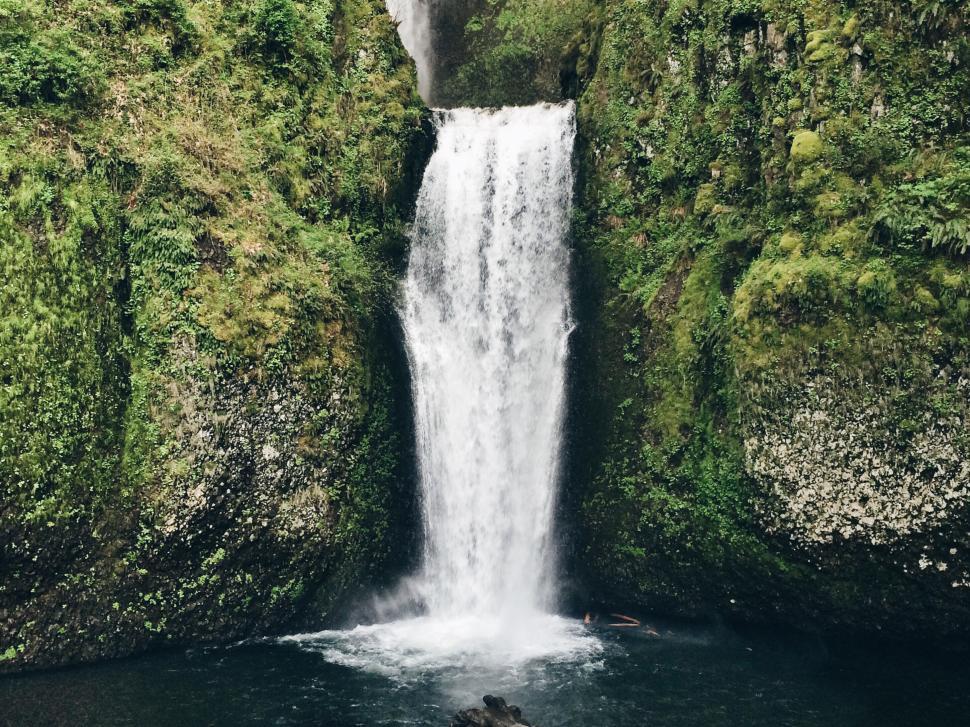Free Image of Waterfall cascading down moss-covered cliffs in forest 