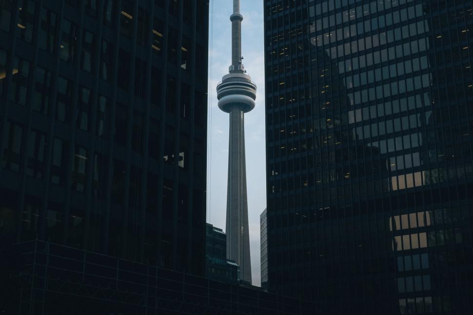 Free Image of CN Tower framed by dark tall buildings in distance. 
