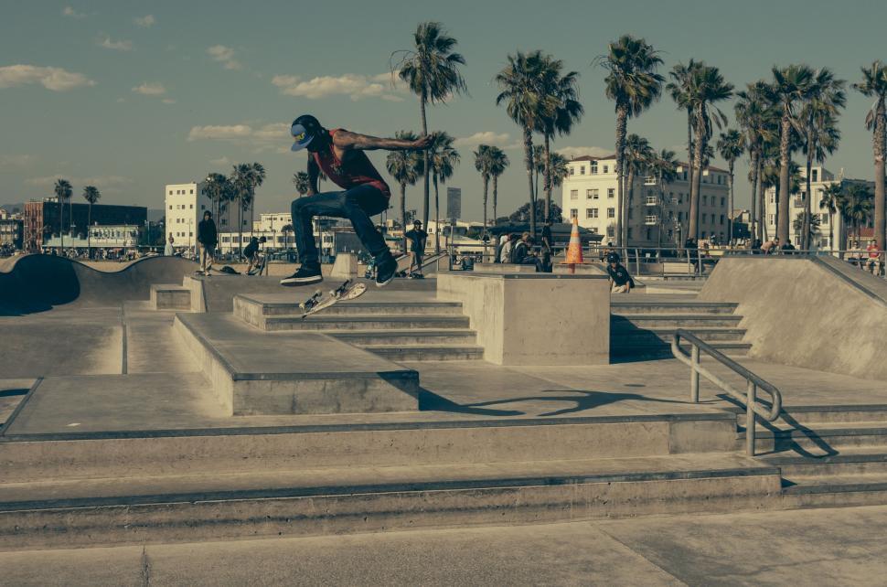 Free Image of Skateboarder performing trick at spacious skate park 