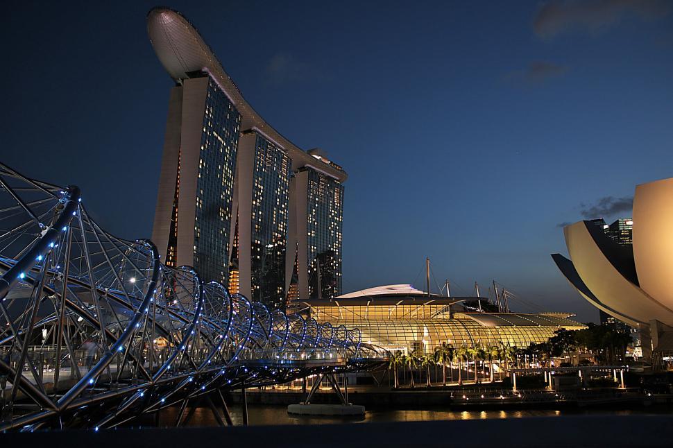 Free Image of Marina Bay Sands and Helix Bridge at night, Singapore 
