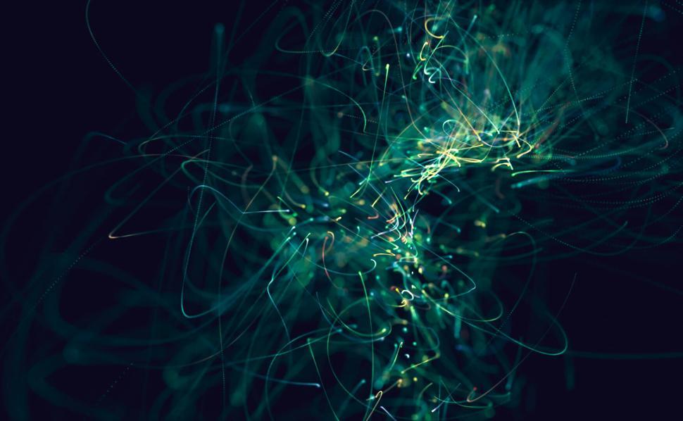 Free Image of Abstract green and blue light streaks on dark background 