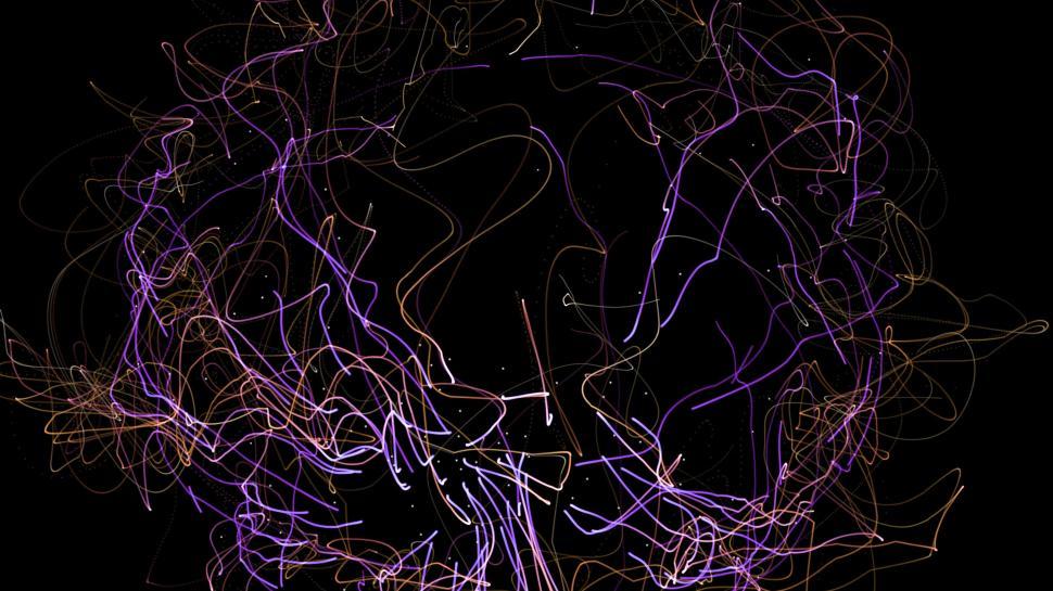 Free Image of Complex web of purple and orange light on black background 