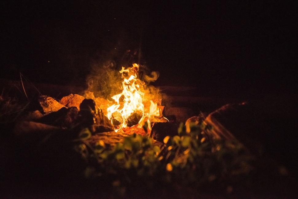 Free Image of Nighttime campfire burning with glowing embers 