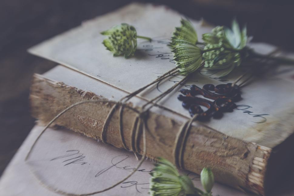 Free Image of Vintage letters tied with twine and adorned with flowers. 