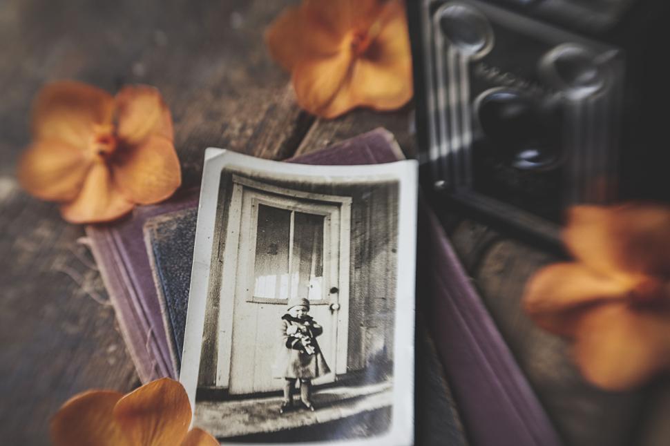 Free Image of Old vintage photo of child with flowers and vintage camera. 