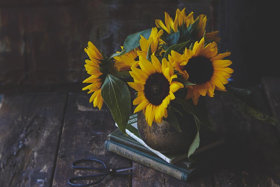 Free Image of A rustic sunflower bouquet on a wooden table setup. 