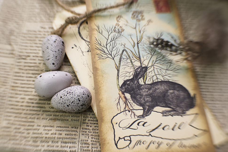 Free Image of Vintage bunny sketch with speckled eggs on paper. 