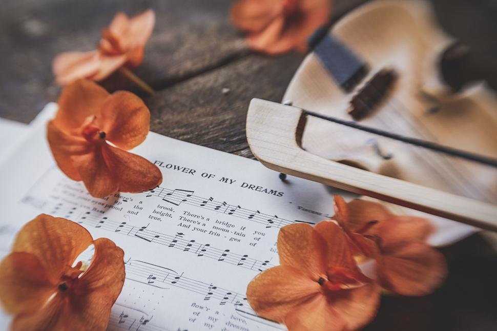Free Image of Violin with sheet music and flowers on wooden surface 