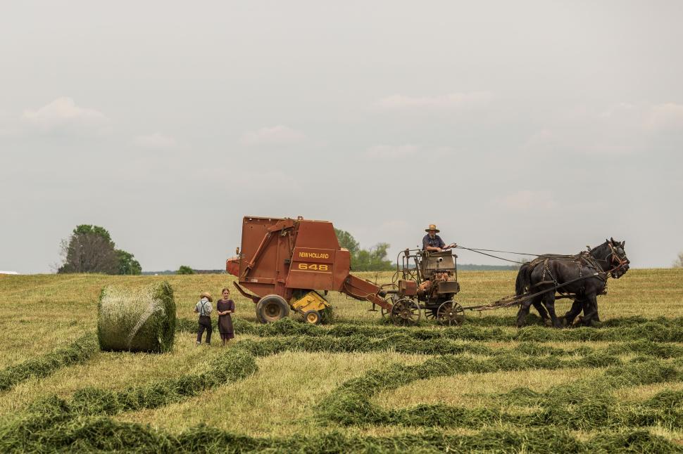 Free Image of Farmers working with horse-drawn baler on a grassy field. 
