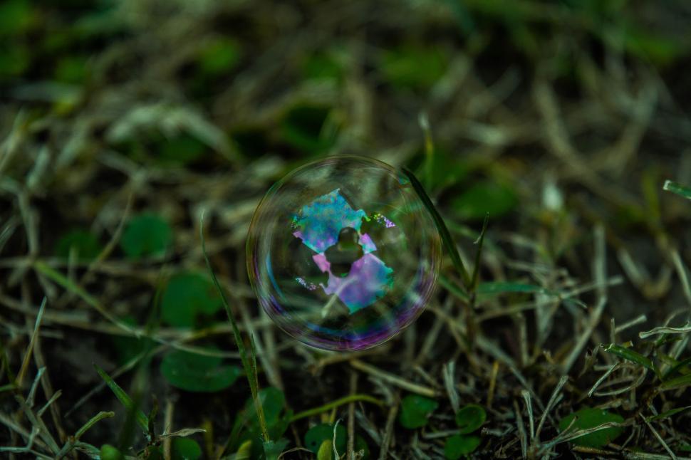 Free Image of Single bubble reflecting colors on green grassy background 