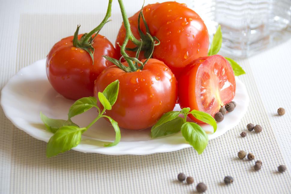 Free Image of Close-up Fresh Red Tomatoes on Plate with Basil. 