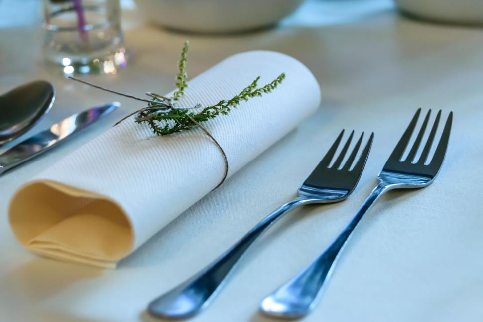 Free Image of Elegant table setting with a napkin and two forks 