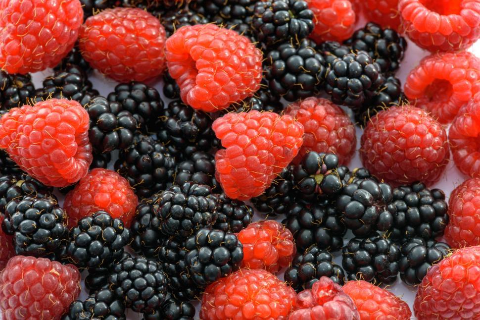 Free Image of Mixed raspberries and blackberries in a vibrant pile. 