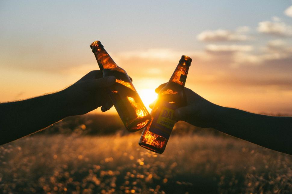 Free Image of Two beer bottles clinking against sunset background 
